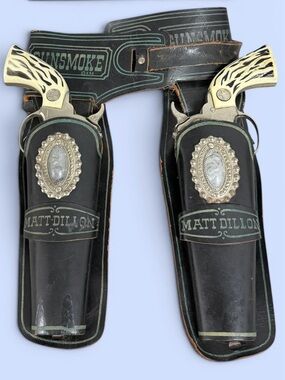 VTG Halco Gunsmoke Matt Dillon CBS Toy Cap Gun Double Holster Set Western Cowboy